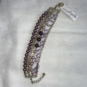 Chunky Bracelet Gold‎ Tone Metal Purple Faux Pearls And Lavender Faceted Beads